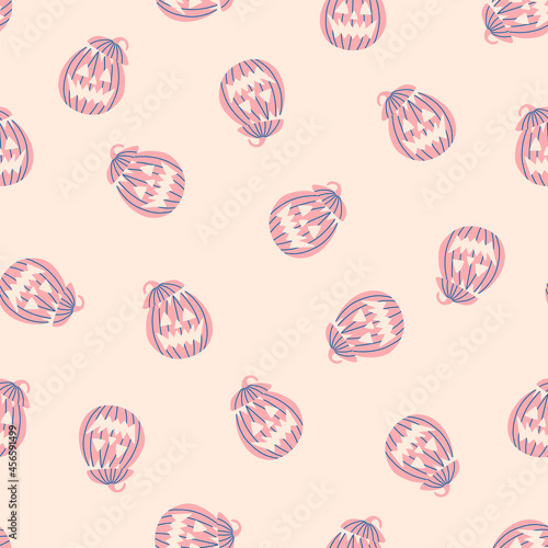 Vector seamless Halloween pattern, great design for fabric, paper, holiday decorations. Pastel background with pumpkins. Minimalist hand drawn illustration in pink and blue colors. Agriculture symbol.