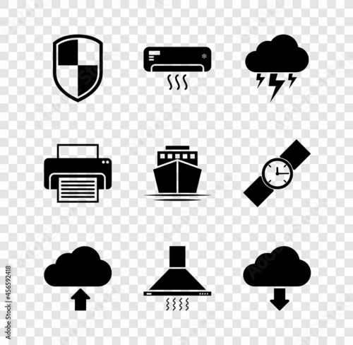 Set Shield, Air conditioner, Storm, Cloud upload, Kitchen extractor fan and download icon. Vector