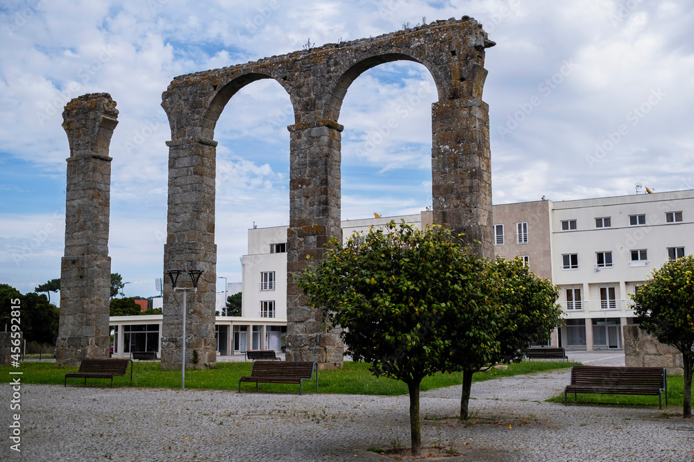 View of the fragment of Santa Clara Aqueduct in Vila do Conde, Portugal.