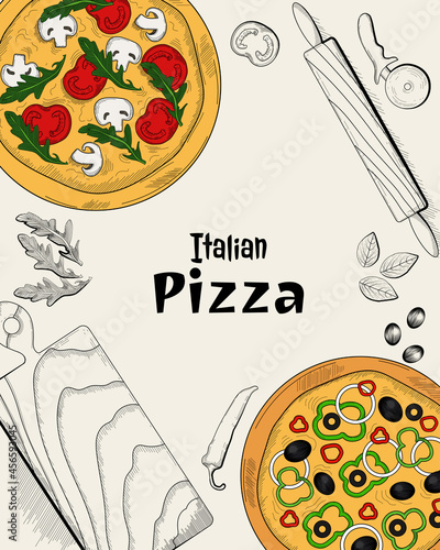 Italian pizza, ingredients and cooking items, top view. Food menu design template. Vintage hand drawn sketch, vector illustration. Engraved style illustration. Pizza label for menu. Pizza shop design