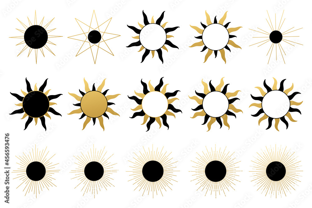 Various abstract sun. Set of boho sun icons. Golden gradient color. Wicca, alchemy, mystical, magic, celestial, esoteric, sacred, spiritual, occultism inspired concept. Hand drawn vector. - obrazy, fototapety, plakaty 