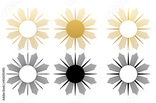 Various abstract sun. Set of boho sun icons. Golden gradient color. Wicca, alchemy, mystical, magic, celestial, esoteric, sacred, spiritual, occultism inspired concept. Hand drawn vector.