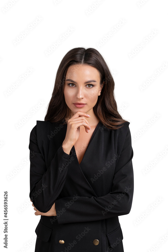 Young attractive businesswoman wearing formal suit is touching h Young attractive businesswoman wearing formal suit is touching h