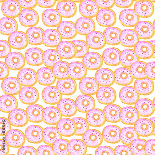 Watercolor paper, a seamless pattern of sweets. Donuts, cakes, sweets, muffins, Sweet desserts for cards, invitations, birthdays, cafes, menus and more.Donuts set on an isolated white background. 