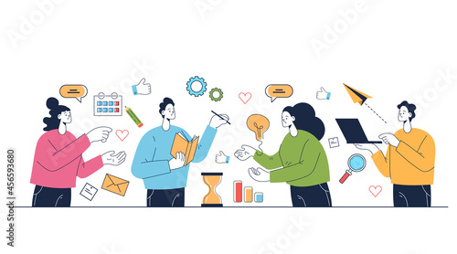 People workers characters working and thinking together. Vector flat cartoon graphic illustration