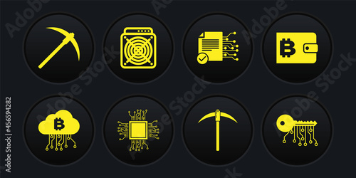 Set Cryptocurrency cloud mining, wallet, Processor, Pickaxe, Smart contract and ASIC Miner icon. Vector
