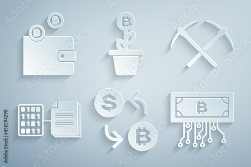 Set Cryptocurrency exchange, Crossed pickaxe, Smart contract, bitcoin with circuit, Bitcoin plant the pot and wallet icon. Vector