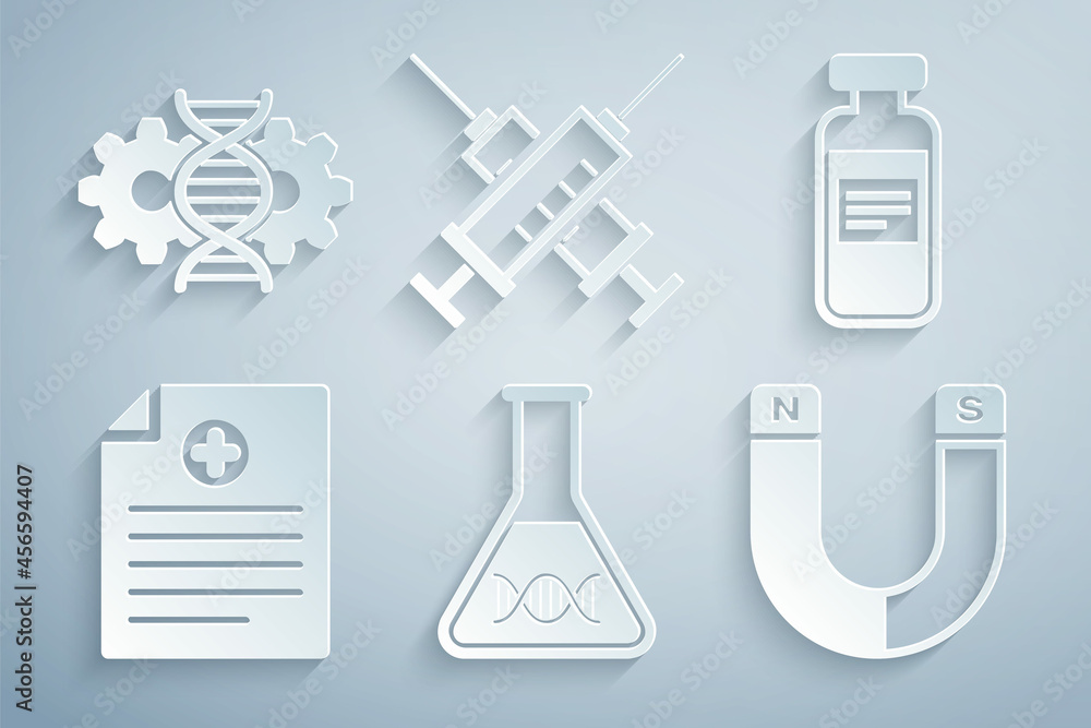 Set DNA research, search, Medical vial, ampoule, Clinical record, Magnet, Crossed syringe and Gene editing icon. Vector Set DNA research, search, Medical vial, ampoule, Clinical record, Magnet, Crossed syringe and Gene editing icon. Vector