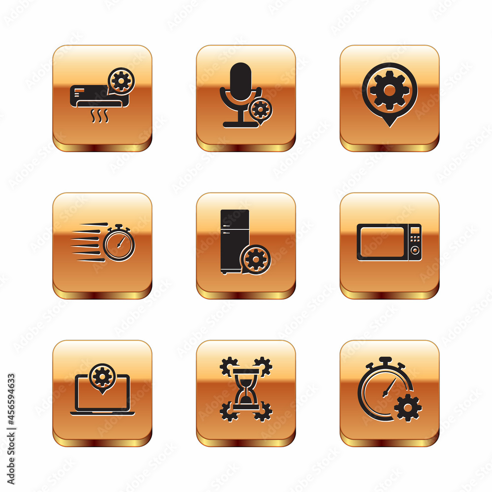 Set Air conditioner setting, Laptop, Hourglass, Refrigerator, Stopwatch and Setting icon. Vector Set Air conditioner setting, Laptop, Hourglass, Refrigerator, Stopwatch and Setting icon. Vector