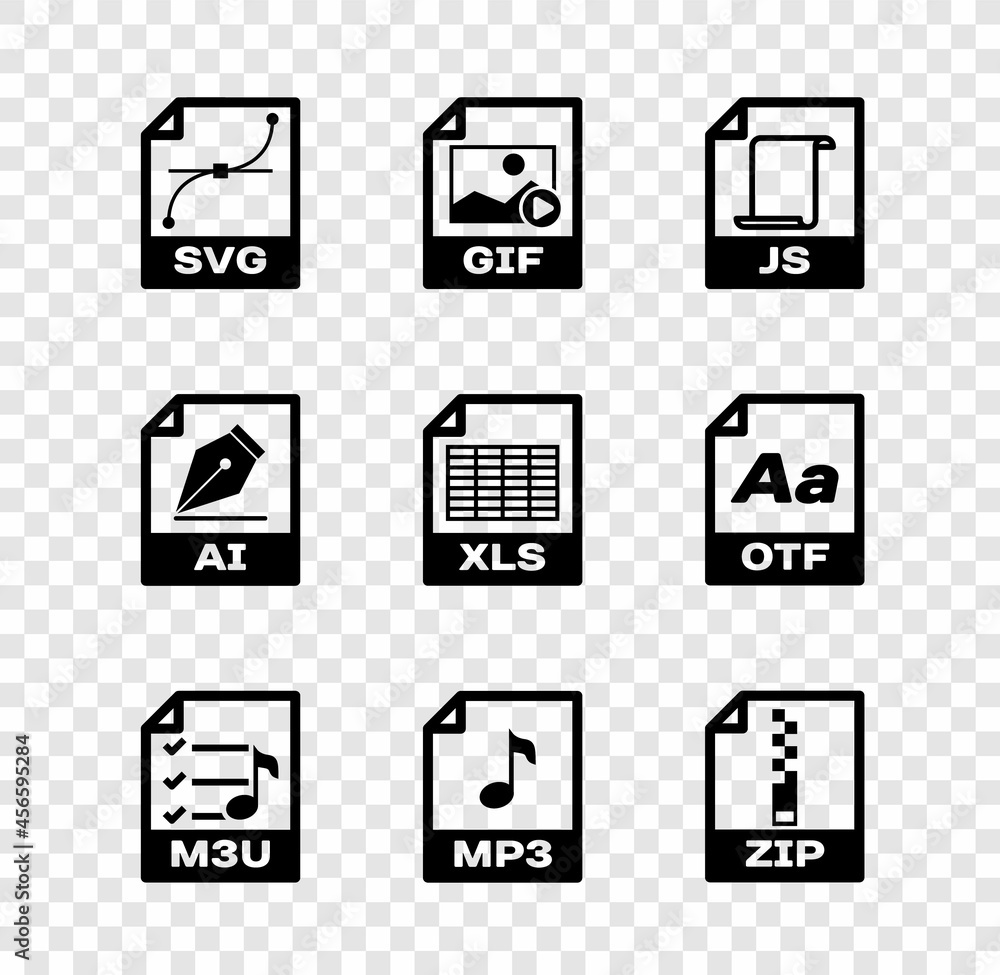 Set SVG file document, GIF, JS, M3U, MP3 and ZIP icon. Vector Set SVG file document, GIF, JS, M3U, MP3 and ZIP icon. Vector