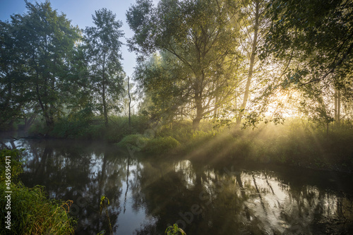 Beautiful morning landscape with sunrise over river. Early fresh morning landscape. Mist over the water. Sunbeams through the trees. Green overgrown coast meandering river.