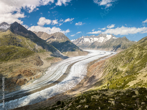 Aletsch Glacier, an unesco heritage in the Alps in summer when large amount of snow melt quickly