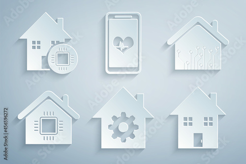 Set Smart home settings, House, Mobile with heart rate and icon. Vector