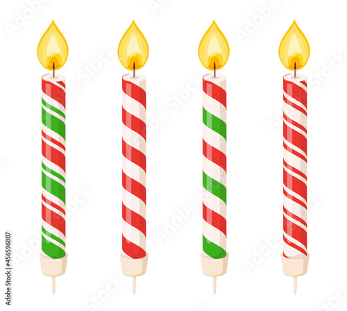 Cake candles with fire flame and red and green spiral strips. Small wax sticks with burning wick for traditional winter decoration. Vector cartoon set of candles for holiday party or Christmas decor