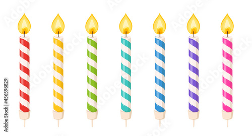 Birthday cake candles with fire flame and colored spiral strips. Small wax sticks with burning wick isolated on white background. Vector cartoon set of candles for holiday party