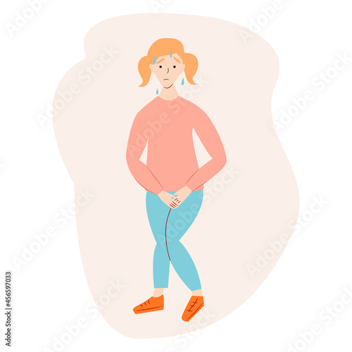 Little girl needs to pee. Urinary incontinence problem. Vector illustration.