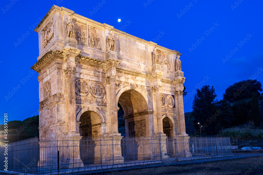 Imperial forums in Rome at night. the Roman Forum, an open-air museum