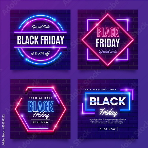 neon black friday instagram post collection vector design illustration