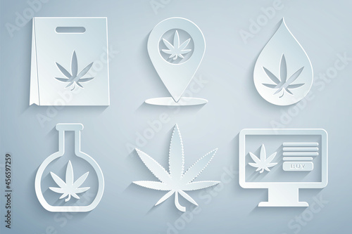 Set Marijuana or cannabis leaf, oil, Test tube with marijuana, Online buying, Location and and Shopping bag of icon. Vector