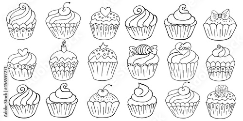 Big Set of icons of cupcakes  muffins in hand draw style. Sweet pastries  cute muffins. Outline drawing  coloring book
