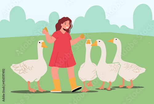 Girl Feeding Fowl on Nature. Child in Outdoor Zoo Park or Farm. Baby Character Care of Geese Birds on Poultry Farmland