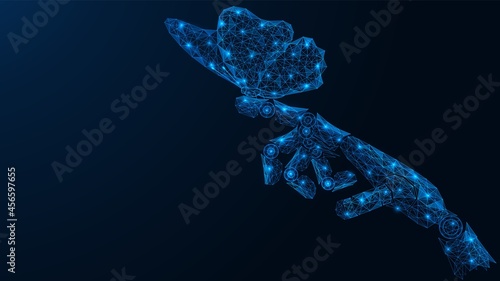 Butterfly sits on the finger of the robot's hand. Polygonal construction of interconnected lines and points. Blue background.