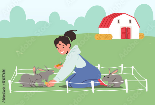 Happy Kid Character Playing or Feeding Cute Little Rabbits in Farm or Zoo Park. Girl Care of Animals, Excursion to Ranch