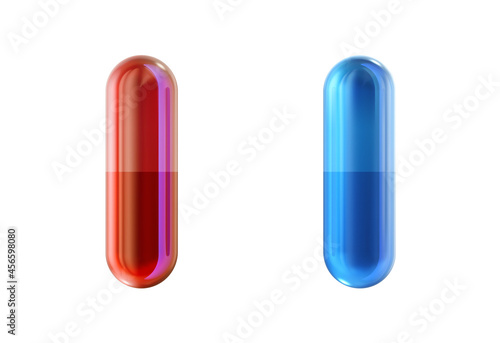Two medical pills from the matrix, red and blue drug gel capsules isolated on white background. The right choice metaphor, important decision symbol concept, red pill and blue pill 3d illustration photo