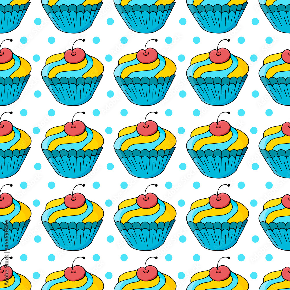 Cute muffins, cupcakes. Seamless pattern with sweet pastries. Vector illustration. Polka dot background Cute muffins, cupcakes. Seamless pattern with sweet pastries. Vector illustration. Polka dot background