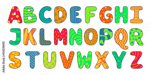 Vector cartoon english alphabet. A collection of isolated bright Latin letters decorated with patterns.