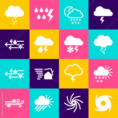 Set Tornado, Cloudy with snow, Storm, rain, moon, and lightning, Wind, and icon. Vector