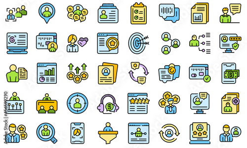 Know your client icons set outline vector. Card cms data. Customer digital business