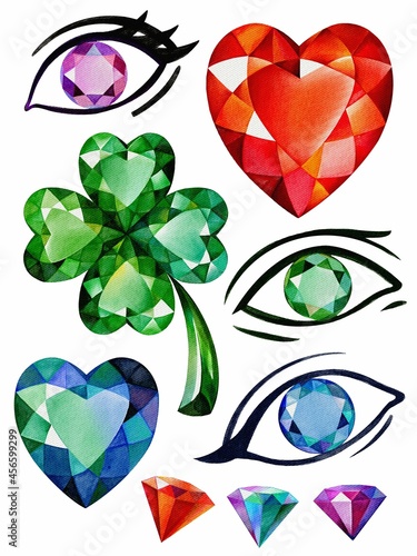 heart eyes four leaf clover, watercolor jems illustration, patrick's day, stickers, isolated on white background, perfect graphic for greeting cards, photos, posters, scrapbooking photo