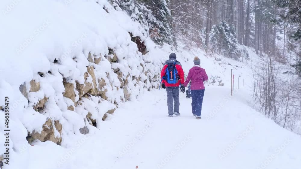couple young man and woman, mountain hikers admiring the mountain winter landscape, Sports Concept, Healthy Lifestyle, Winter Activity, beautiful winter natural landscape, walks in winter white forest couple young man and woman, mountain hikers admiring the mountain winter landscape, Sports Concept, Healthy Lifestyle, Winter Activity, beautiful winter natural landscape, walks in winter white forest