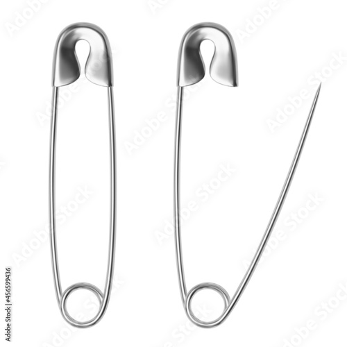 Realistic vector open and closed sewing safety pin.