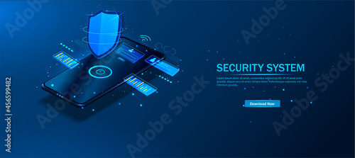 Isometric vector illustration of mobile data security. A smart application protects your smartphone from theft and hacker attacks. The Internet of Things is an automatic protection technology. Vector