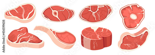 Set of Icons Steak Raw Pieces, Meat Cuts of Different Shape and Size, Meal for Barbeque, Fresh Beef Slices for Cooking