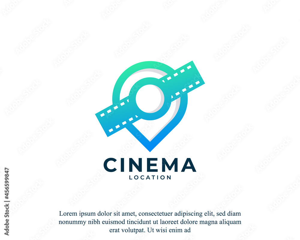 Map Pin Location with Camera Reel Stripes Filmstrip Logo. Film location glyph icon Vector Map Pin Location with Camera Reel Stripes Filmstrip Logo. Film location glyph icon Vector