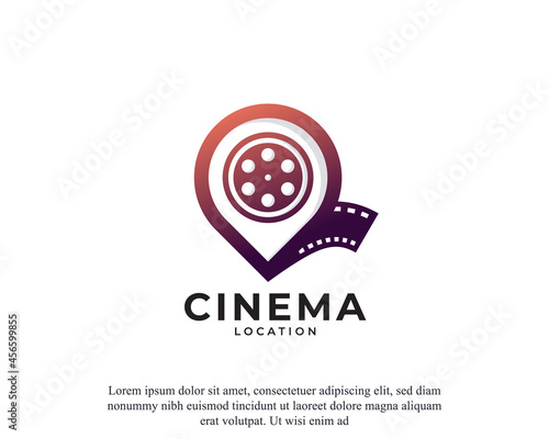 Map Pin Location with Camera Reel Stripes Filmstrip Logo. Film location glyph icon Vector