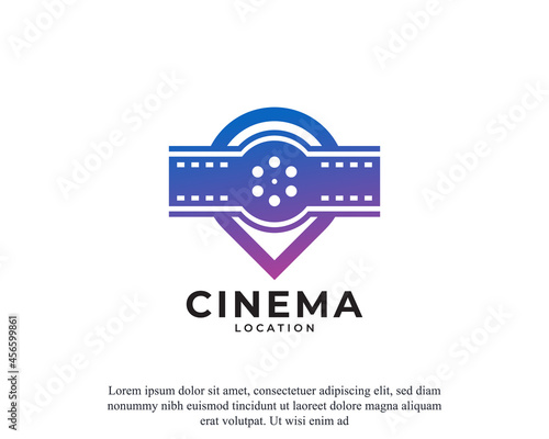 Map Pin Location with Camera Reel Stripes Filmstrip Logo. Film location glyph icon Vector