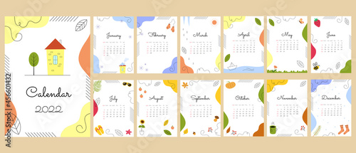 Calendar 2022 design concept with colorful seasonal elements. Set of 12 months vector illustrations. Template with cover in size A4 A3 A2 A5. In pastel colors. Simple line art and hand drawn style