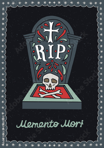 Gravestone with bones. Hand-drawn illustration for Day of the Dead and Halloween. Illustration for souvenir products.