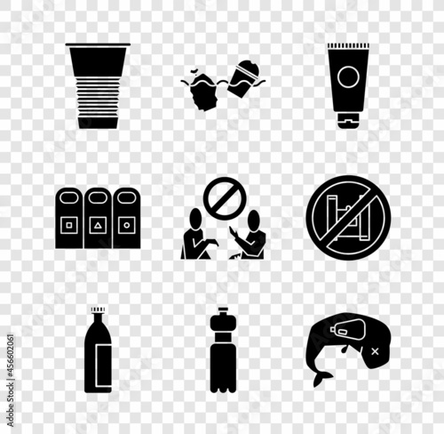 Set Paper glass, Problem pollution of the ocean, Cream cosmetic tube, Lotion, Bottle water, Environment protection whale dead, Trash in garbage cans sorted and Stop plastic icon. Vector