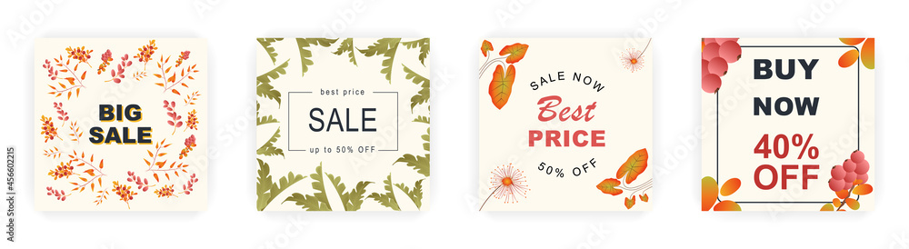 Modern autumn square sale poster templates with floral and geometric pattern. Suitable for social media posts, poster, mobile apps, banners design and web ads, vector backgrounds, promotion materials.