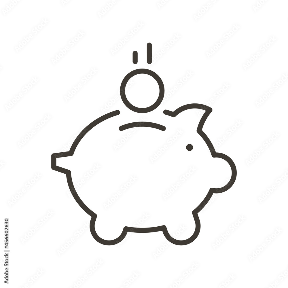 piggybank with coin falling. Vector thin line icon for saving money, wealth and financial concepts piggybank with coin falling. Vector thin line icon for saving money, wealth and financial concepts