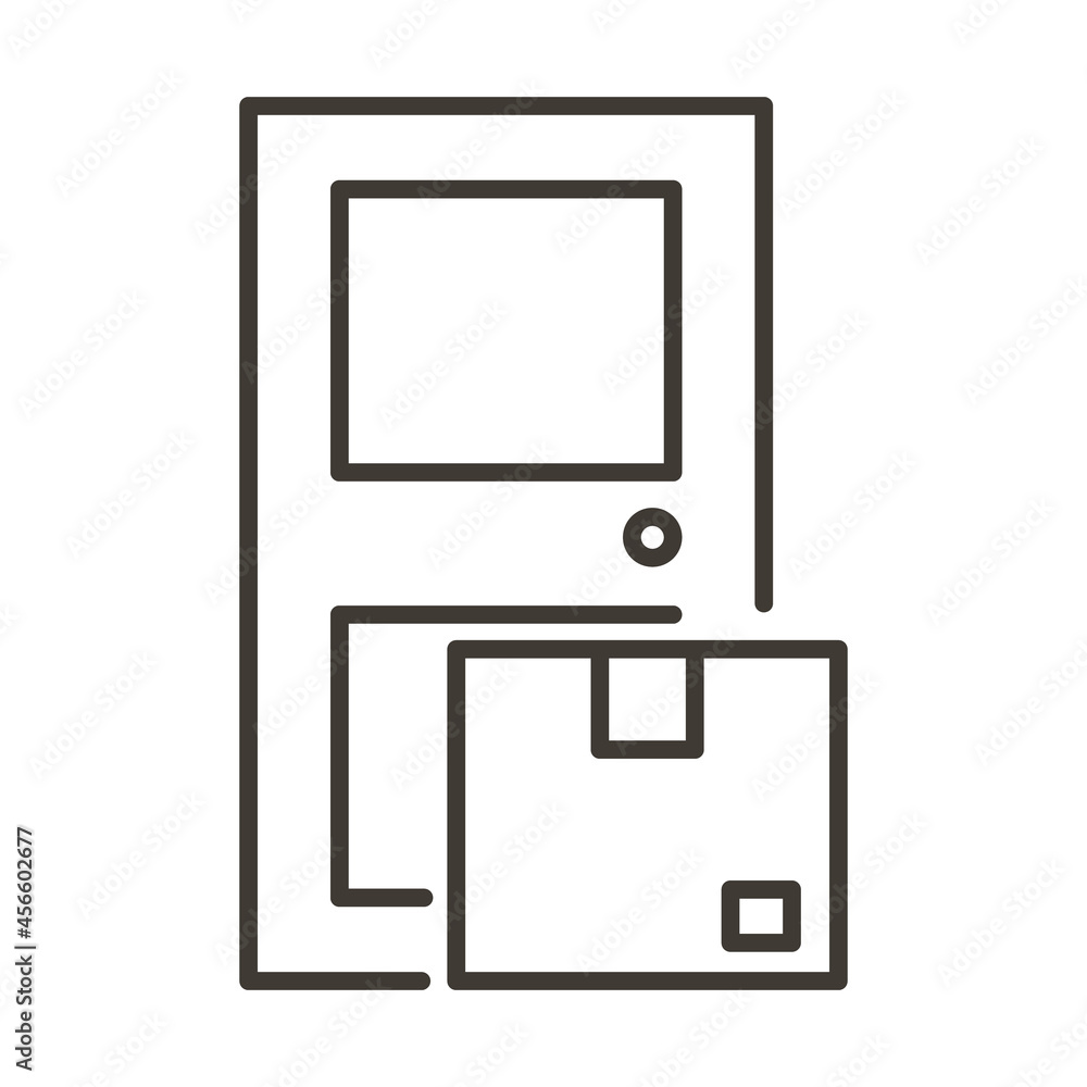 Delivery parcel box package at front door entrance. Vector thin line icon Delivery parcel box package at front door entrance. Vector thin line icon