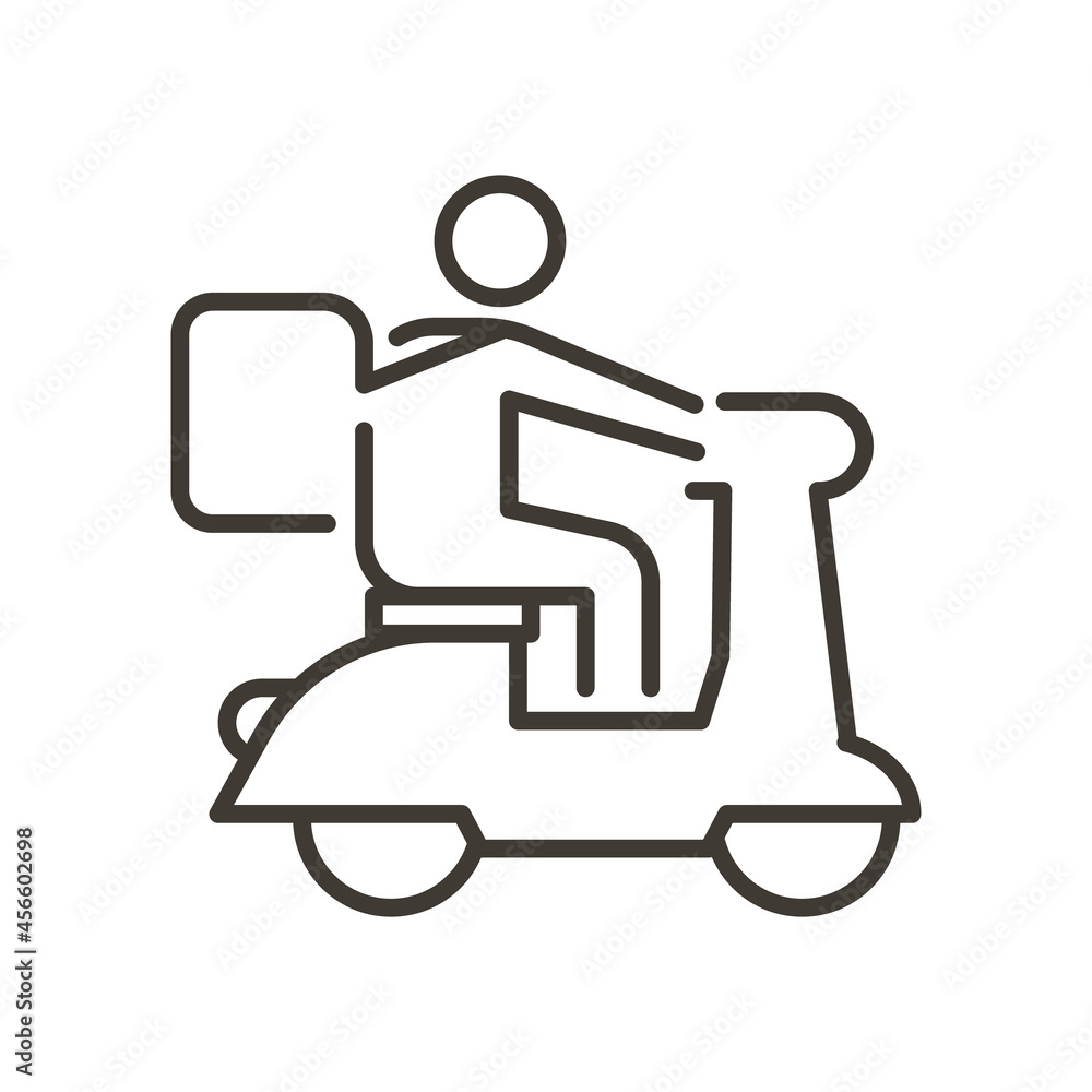 Delivery man riding a scooter motorcycle. Vector thin line icon for delivery services of food and other products. Track and trace processing status Delivery man riding a scooter motorcycle. Vector thin line icon for delivery services of food and other products. Track and trace processing status