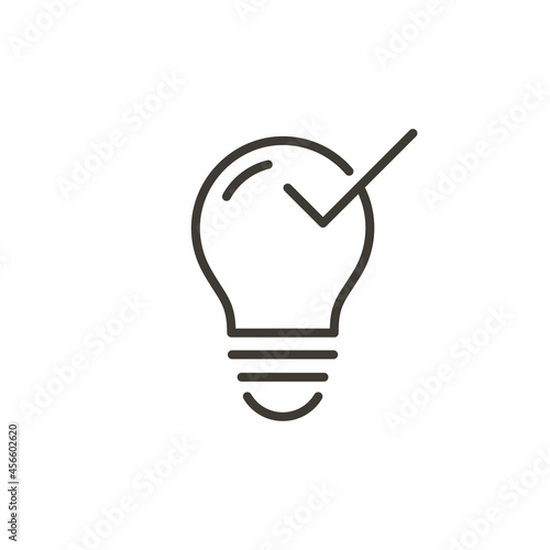 Lightbulb .lamp with a positive checkmark tick on it. Vector thin line icon for concepts of smart ideas, brainstorming, problem solutions