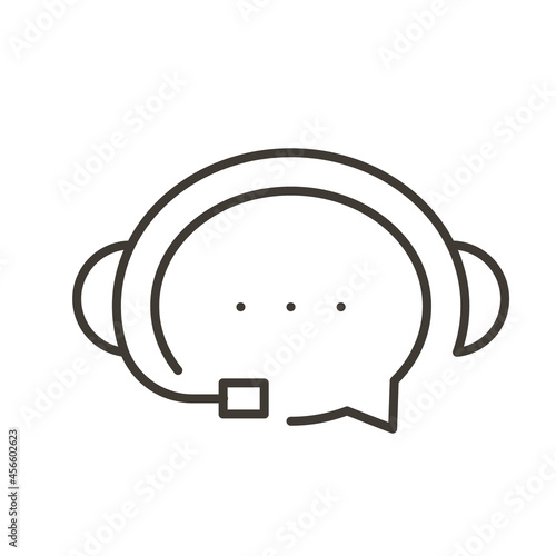 Support call center and customer support speech bubble with headset on. Vector thin line icon