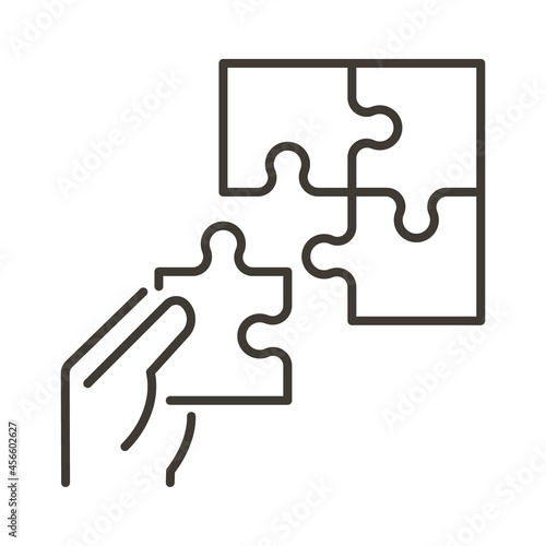 Hand with missing piece of a puzzle set. Vector thin line icon for concepts of problem solving, success, business, education